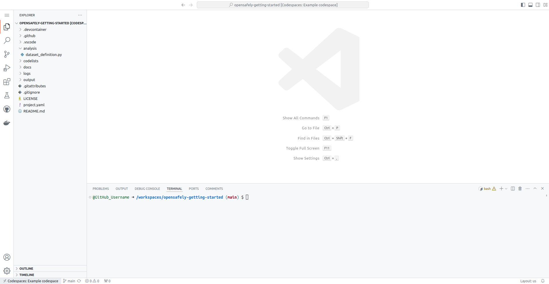GitHub's codespace showing the editor, terminal and
Explorer.